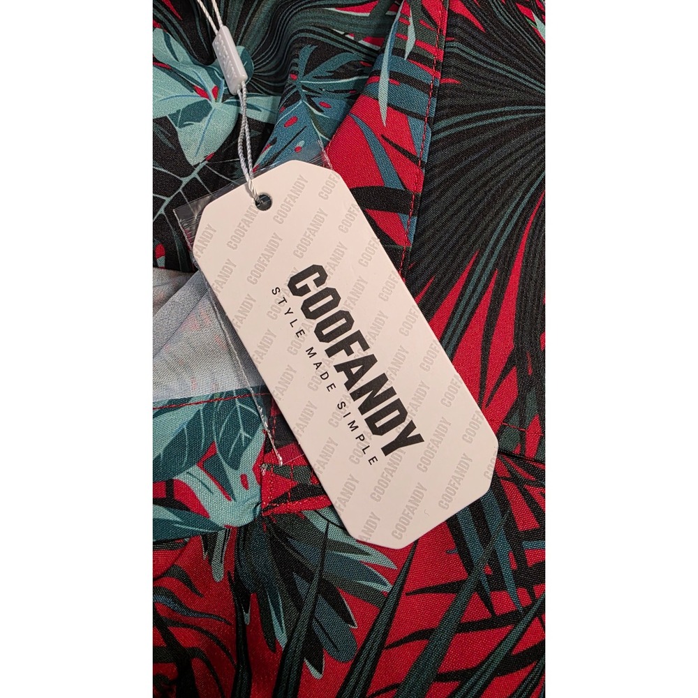 COOFANDY Men's 3XL Tropical Palm Leaf Print Button Down Red Teal Short Sleeve - Picture 5 of 8